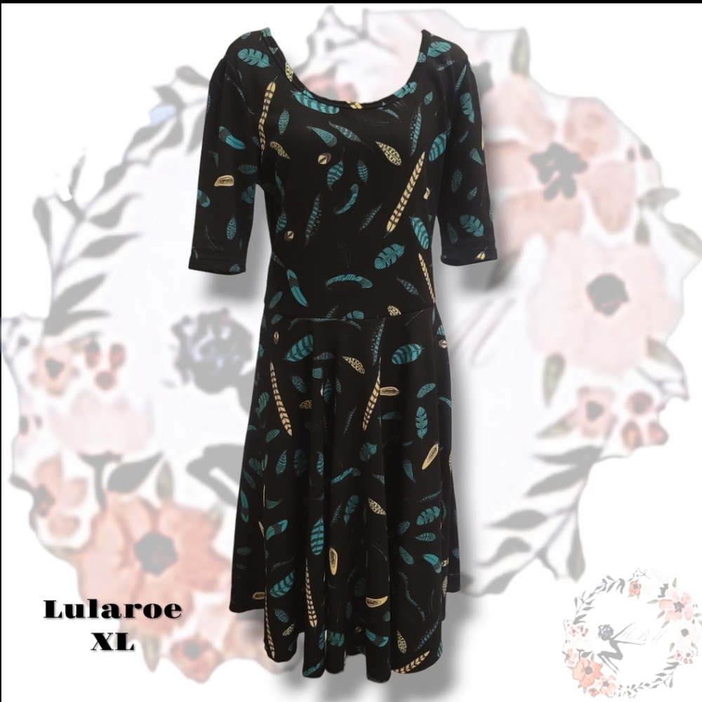 LuLaRoe Black Dress with Turquoise and Gold Feather Pattern. Fit Flare XL - Picture 2 of 5